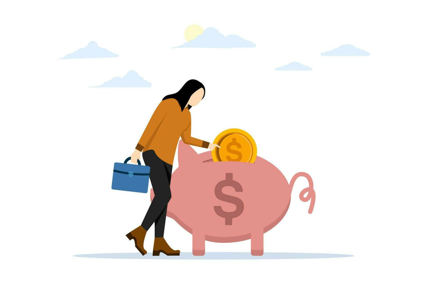 Saving money in piggy bank. The first lump sum is deducted from your income to save. Set aside some money for savings. woman or businesswoman and piggy bank. flat vector illustration.