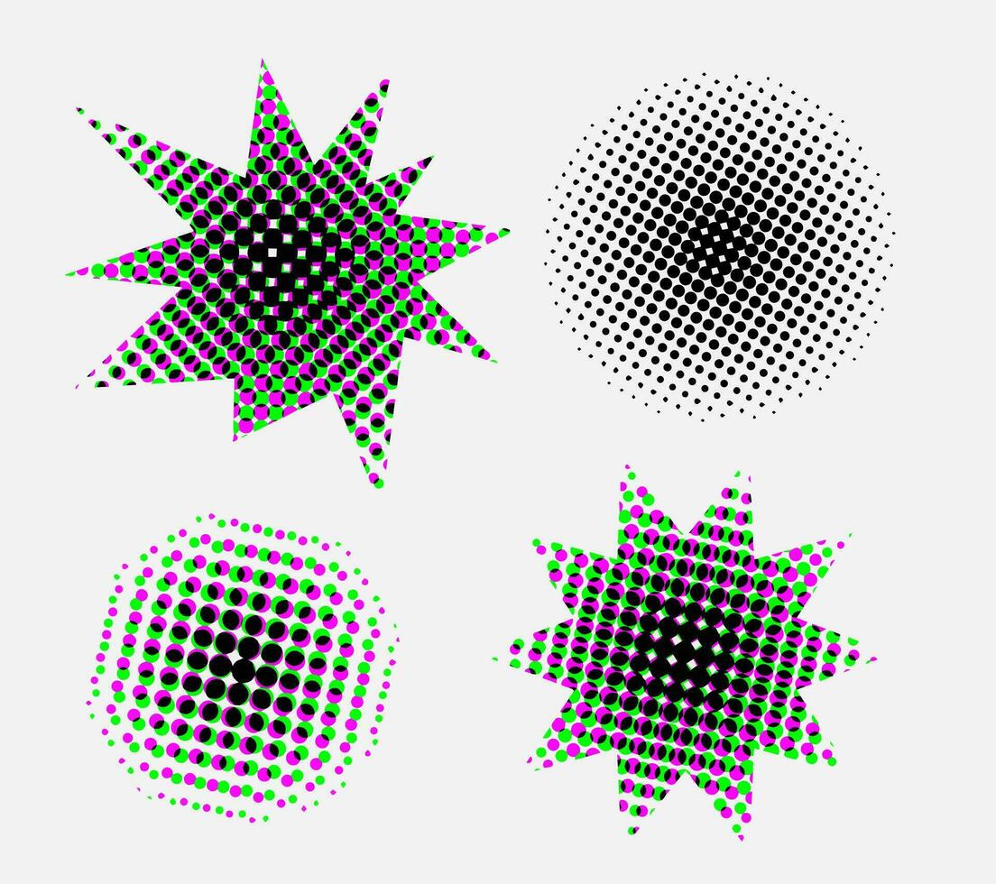 Halftone effect design elements. Black halftone effects shapes. Set of dotted circles and stars. vector