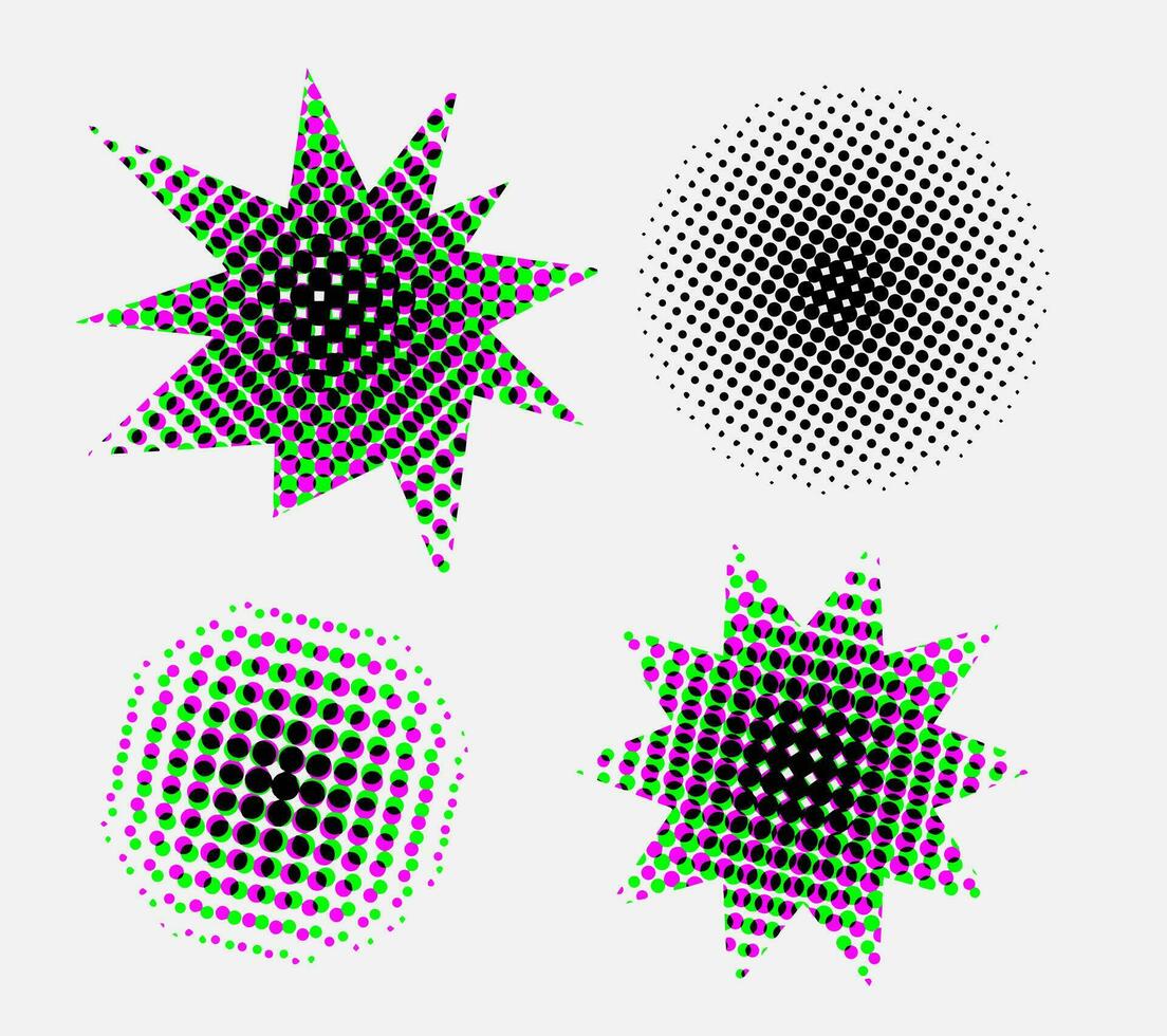 trama de semitonos efecto diseño elementos. negro trama de semitonos efectos formas conjunto de punteado círculos y estrellas. vector