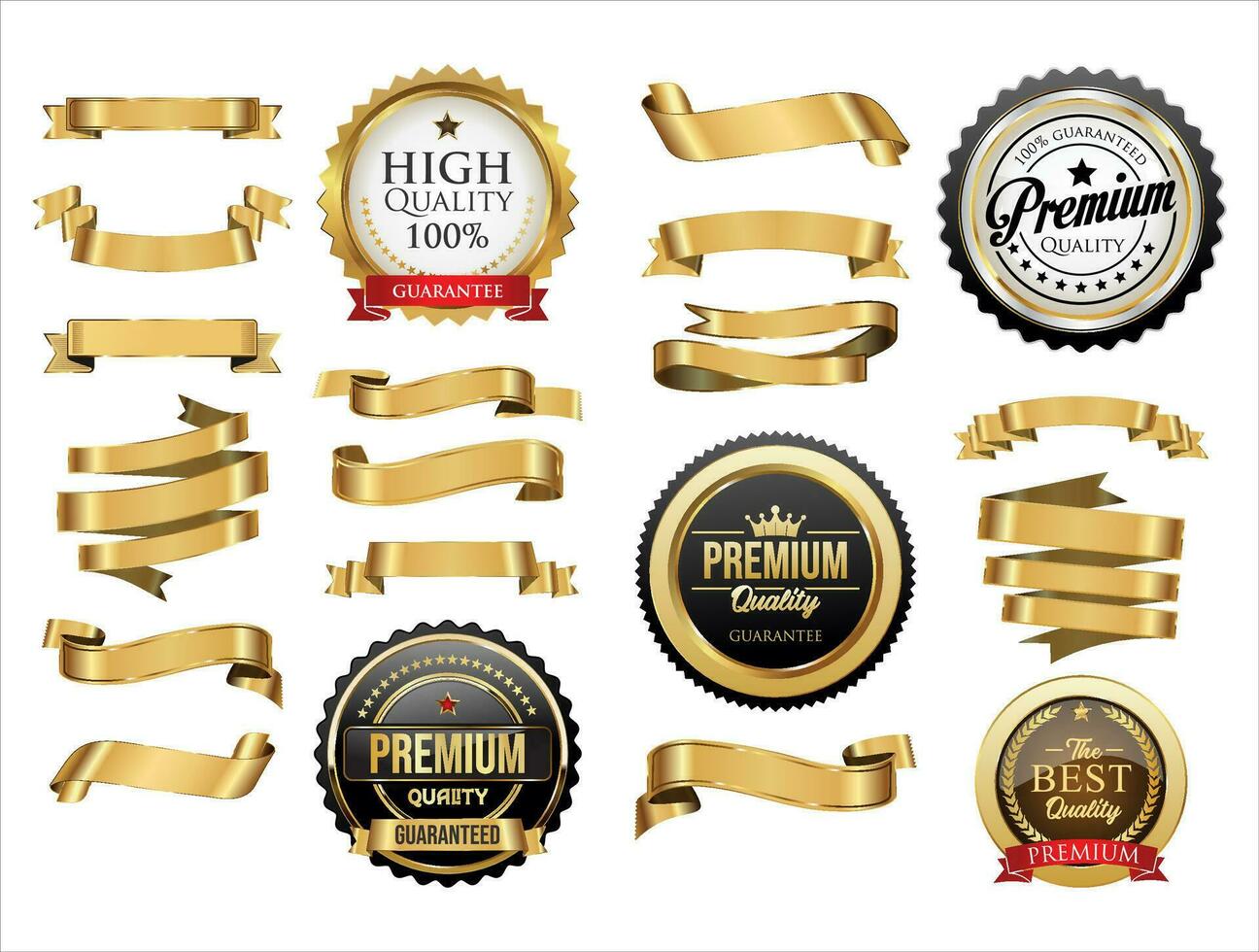 Gold badges and ribbons vector illustration collection