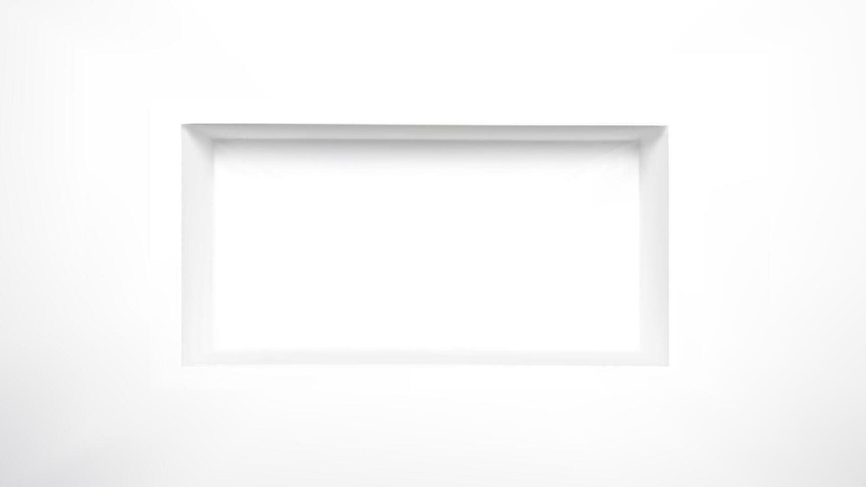 3d white empty niche box wall display showcase. Museum rack background scene. Gallery or store showroom with rectangle recess hole for bookshelf. Studio interior for exposition with platform space. vector