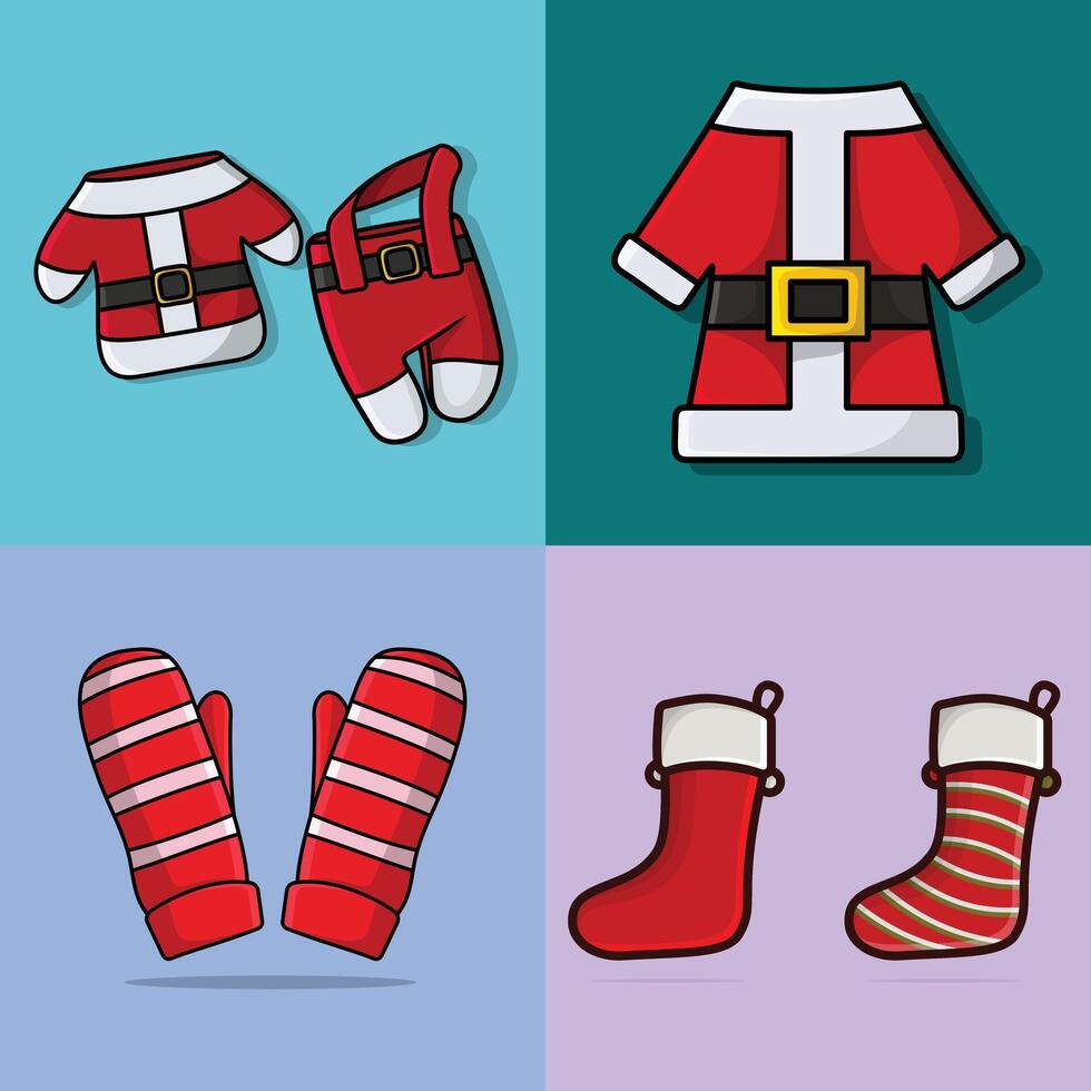 Set of Christmas symbols and decorations vector illustration. Holiday objects icon design concept. Christmas socks, Santa Claus Coat and Red Gloves vector design. Collection of Christmas elements.