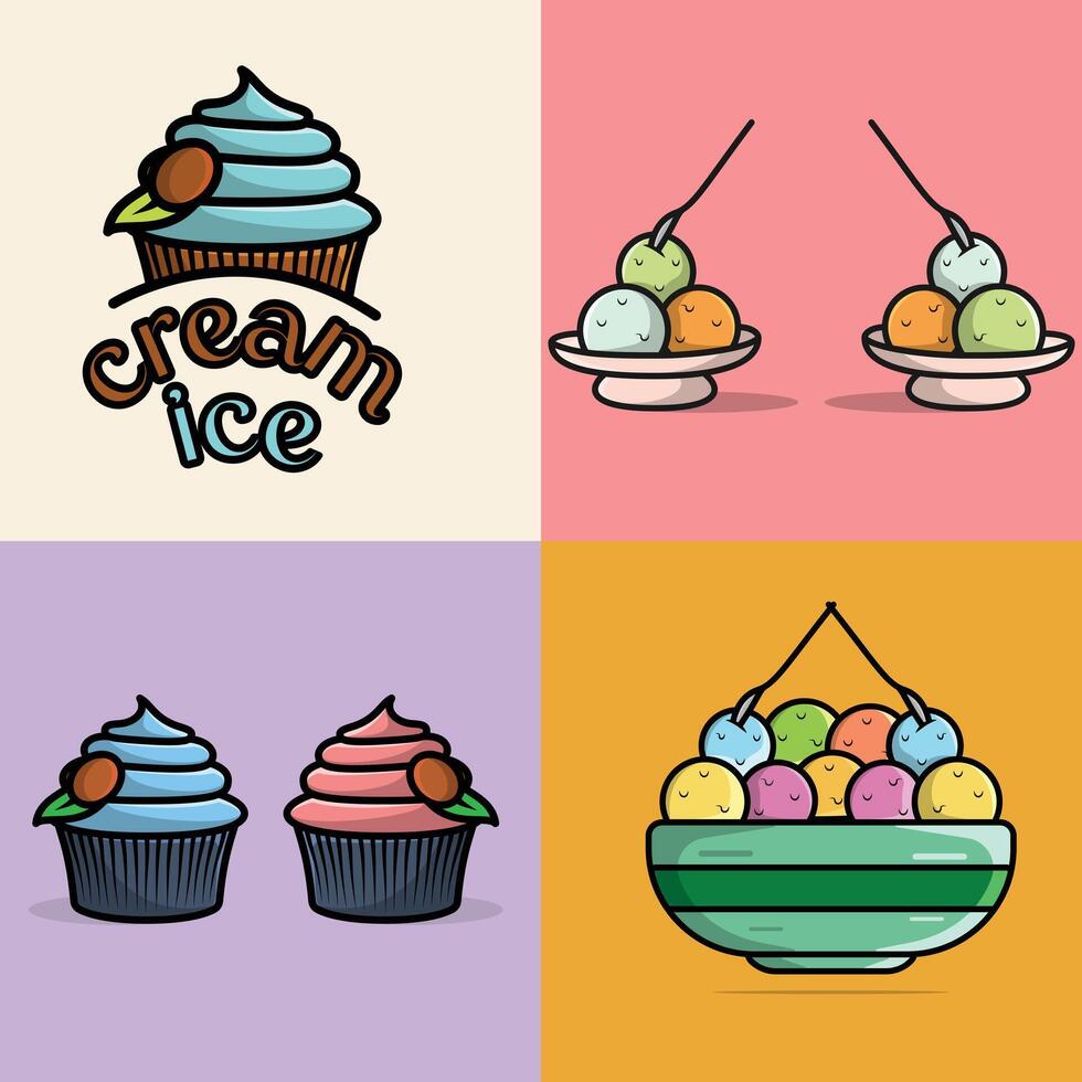 Collection of Summer Delicious Ice Cream Cup vector illustration. Summer food and ice cream object icon concept. Set of Ice cream plastic cup vector design. Summer Ice Cream combo icon logo.