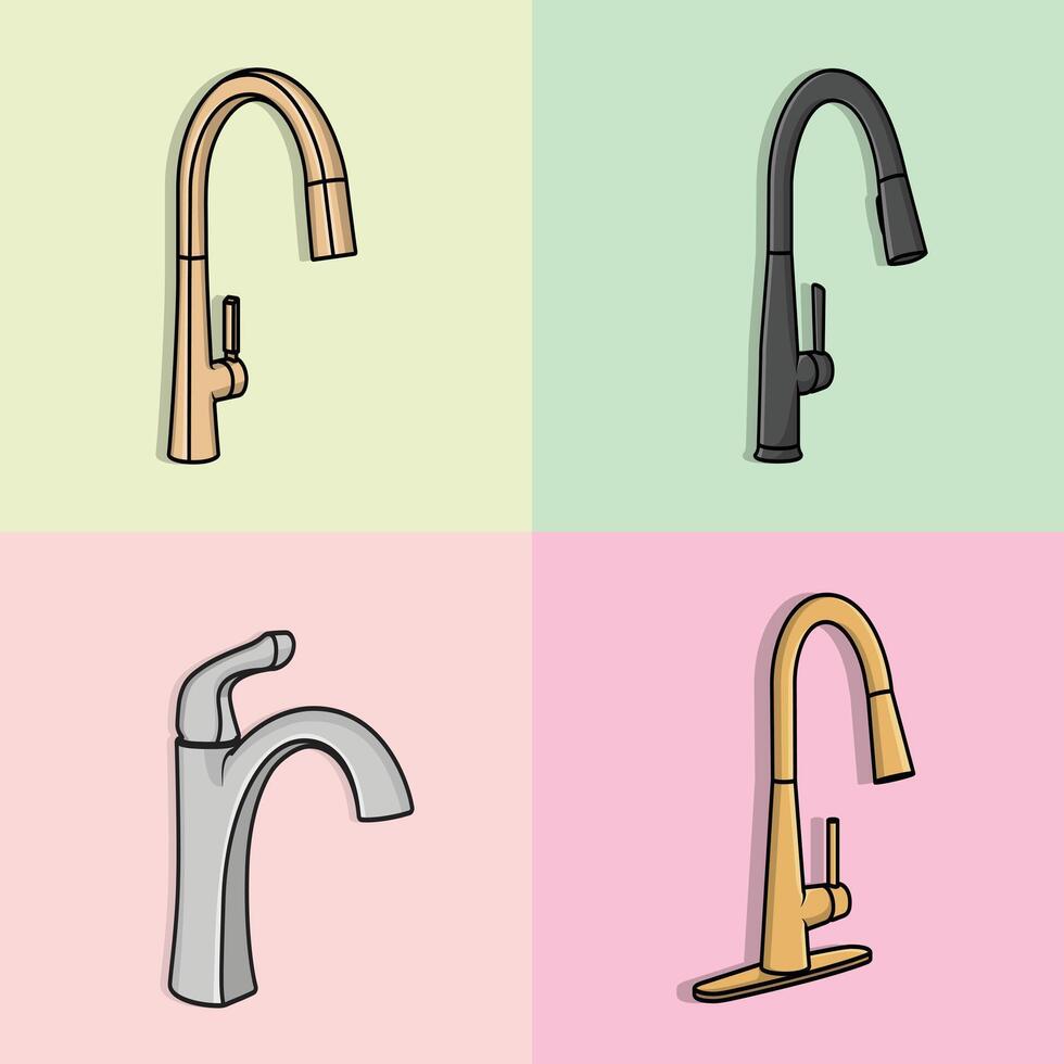 Set of various Steel Water Supply Faucets For Bathroom And Kitchen Sink vector illustration. collection of Home interior objects icon concept. Kitchen faucet icon , bathroom icon logo design.