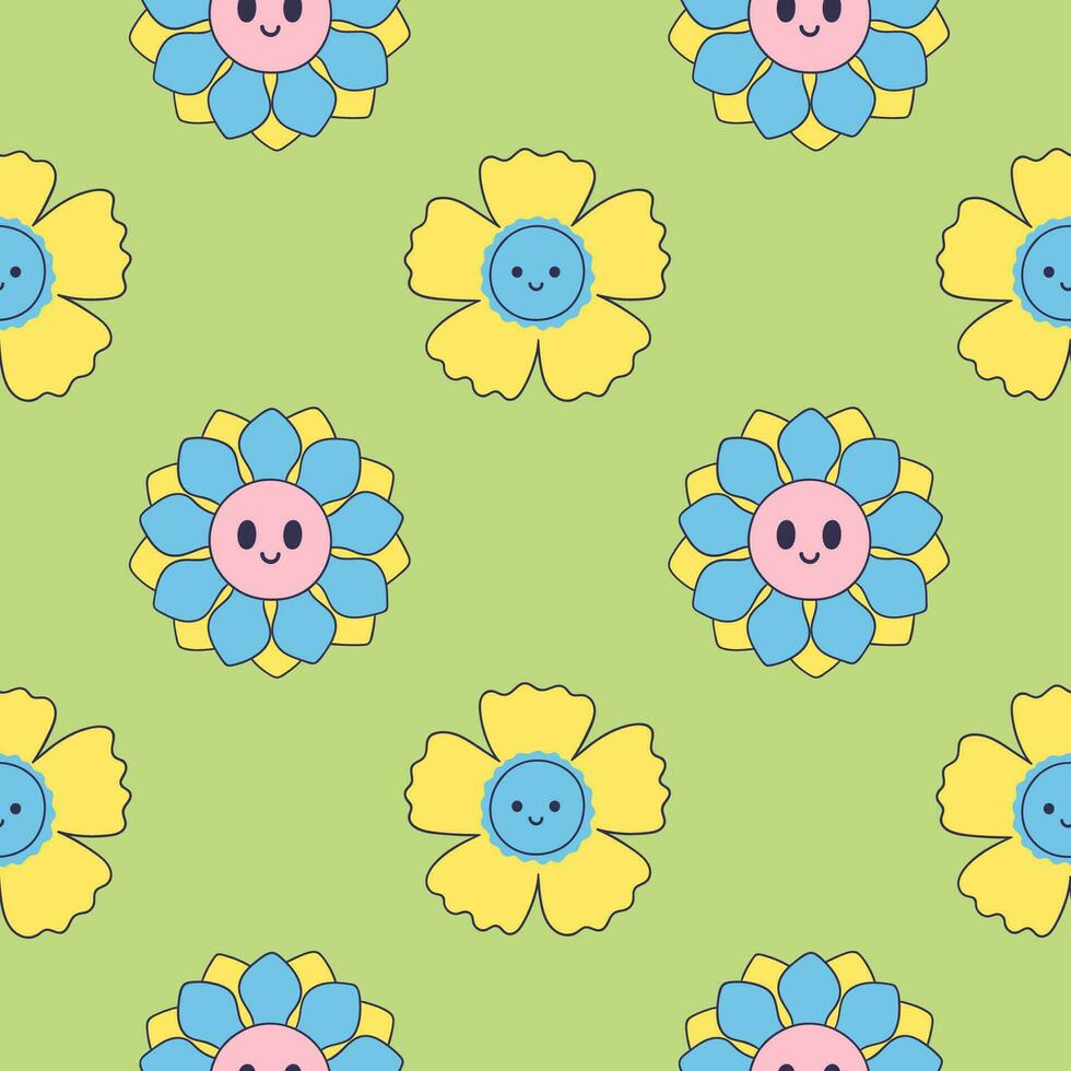 Seamless pattern with cute smiling flowers. Vector graphics..