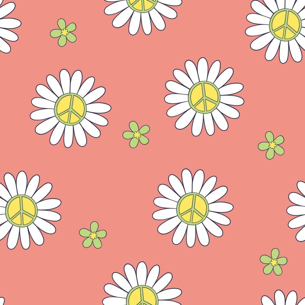 Seamless pattern with flowers and hippie symbols. Vector graphics.