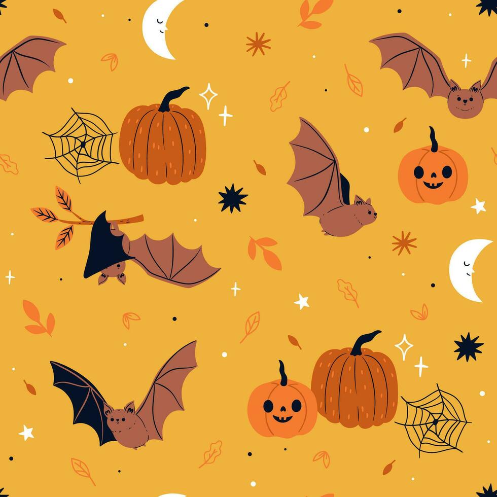 Seamless pattern with bats and pumpkins. Vector graphics.