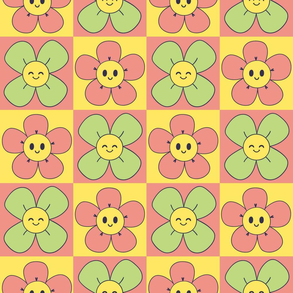 Seamless checkered pattern with cute smiling flowers. Vector graphics.