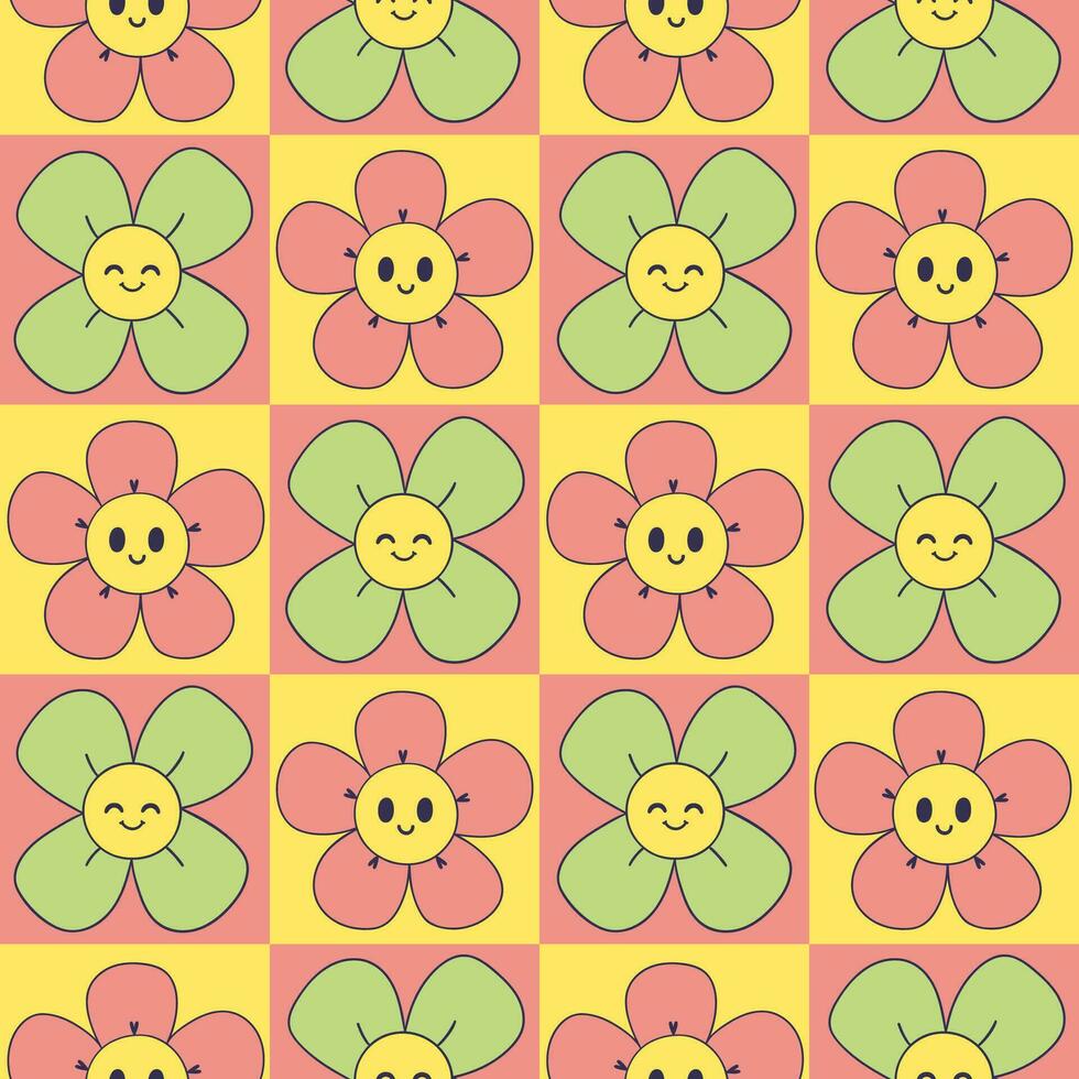 Seamless checkered pattern with cute smiling flowers. Vector graphics.