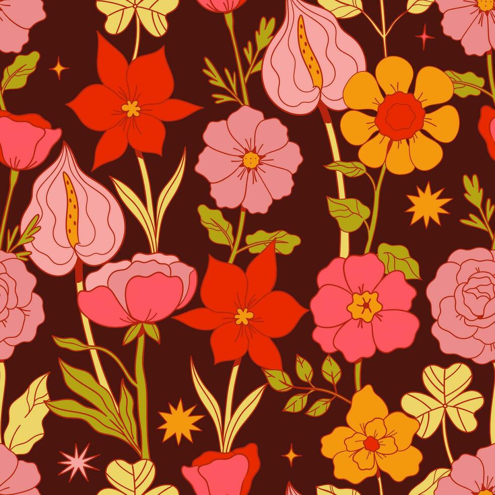 Seamless pattern with flowers and leaves on a dark background. Vector graphics.