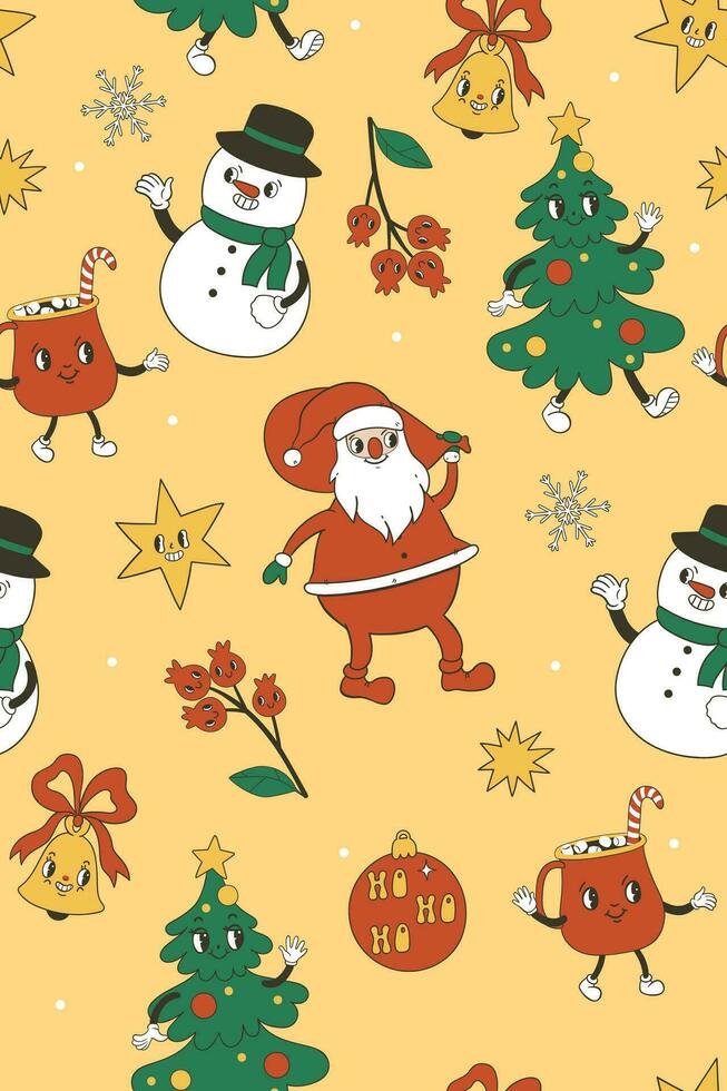 Seamless pattern with cute Christmas characters in groovy style. Vector graphics.