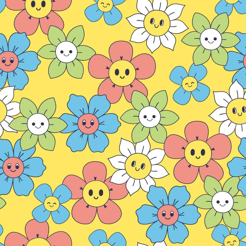 Seamless pattern with bright smiling flowers. Vector graphics.