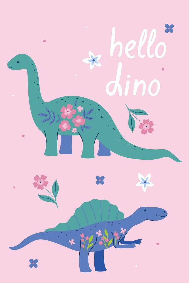 Poster with cute dinosaurs, leaves and flowers. Vector graphics.