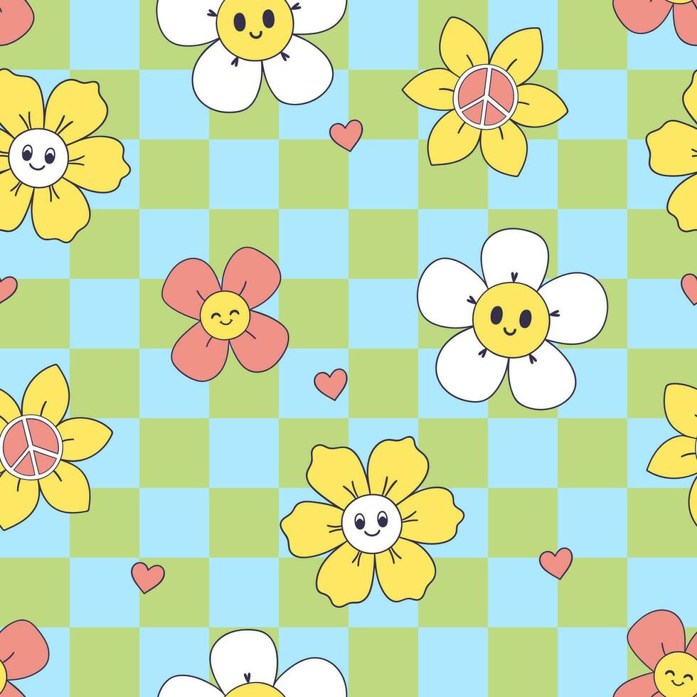 Checkered seamless pattern with cute smiling flowers and hearts. Vector graphics.