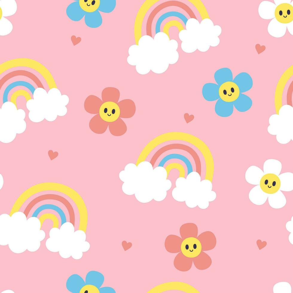 Seamless pattern with rainbows, cute smiling flowers and hearts. Vector graphics.