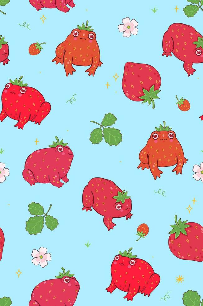 Seamless pattern with cute strawberry frogs. Vector graphics.