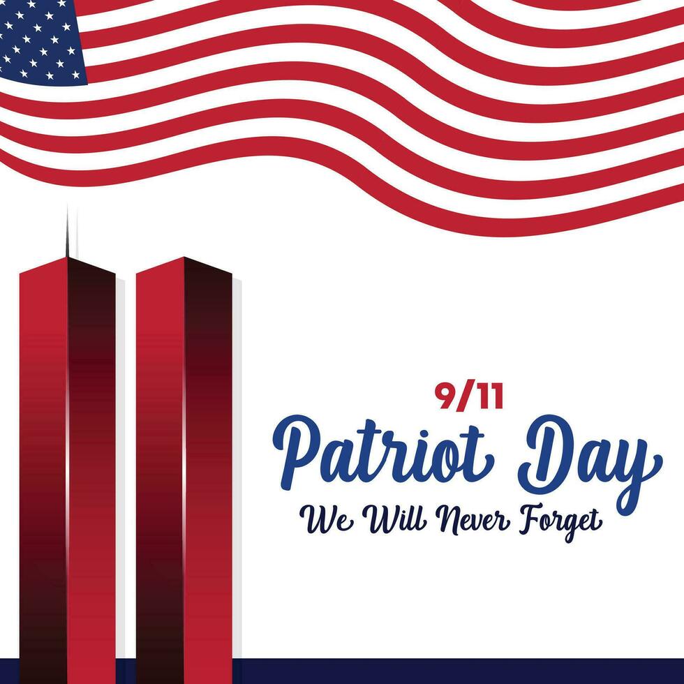 Remembering September 9 11. Patriot Day. September 11. Never Forget USA 9 11. Twin Towers On American Flag. World Trade Center Nine Eleven. Vector Design Template With Red, White And Blue Colours