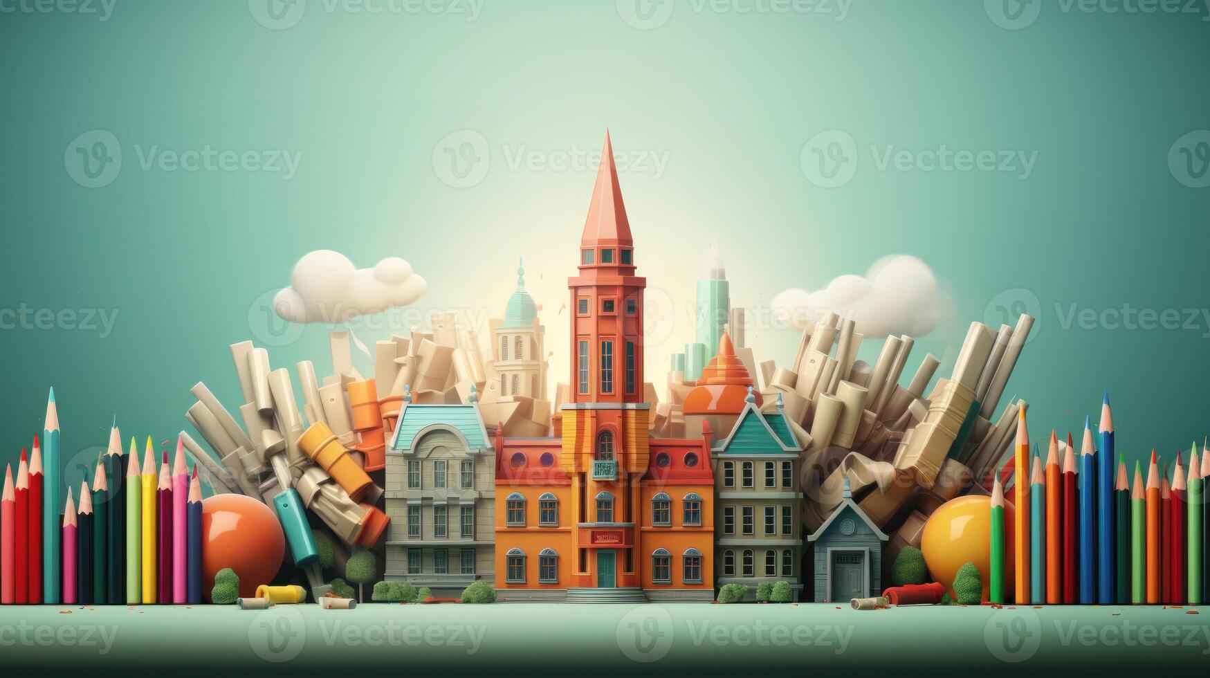 Back to school creative banner. Rocket ship launch made with pencils. Online learning digital education concept. photo