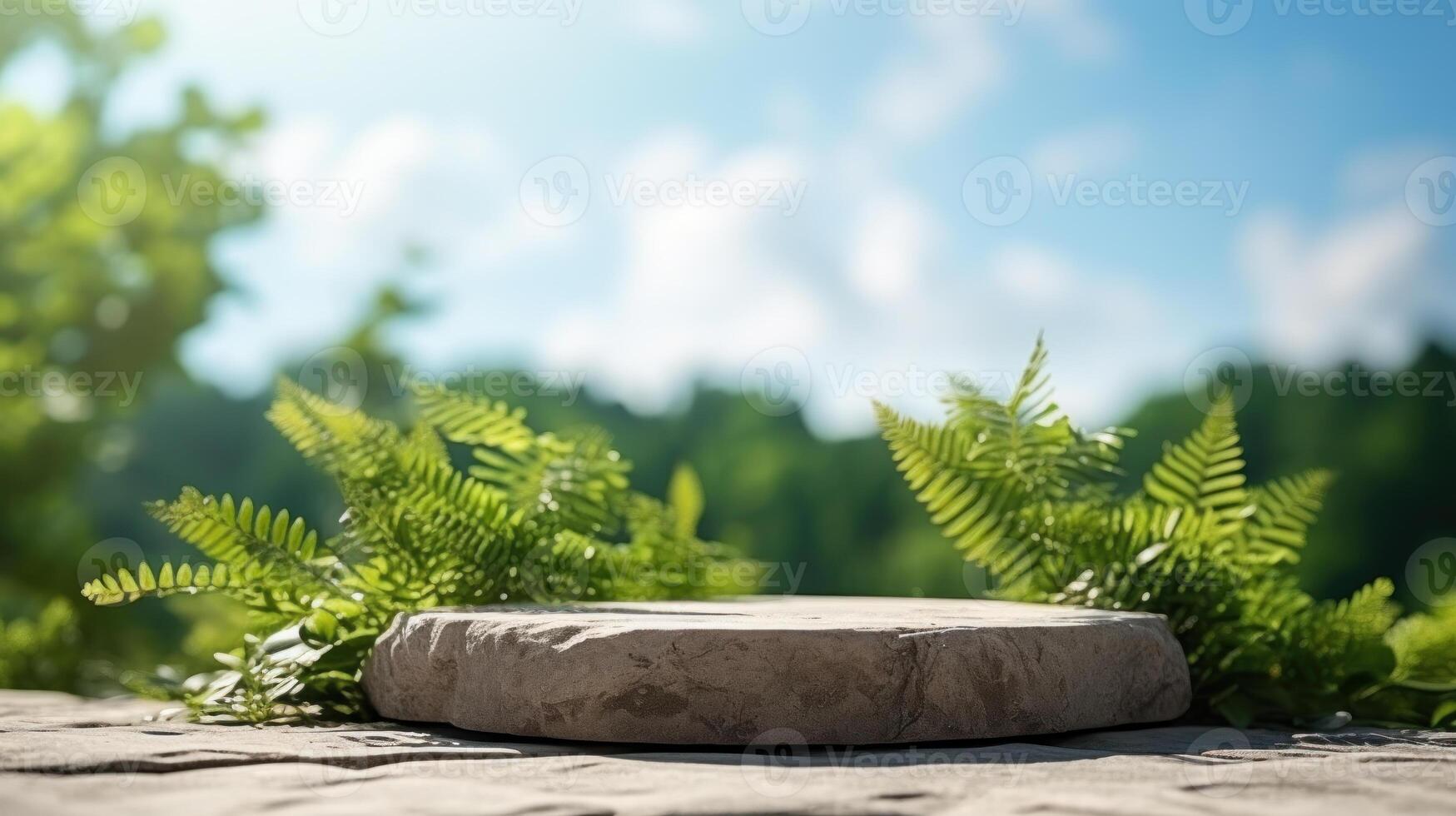 Podium pedestal in tropical forest garden green plant. Nature and Organic cosmetic and food presentation theme. Natural product present placement display, spring summer concept. photo
