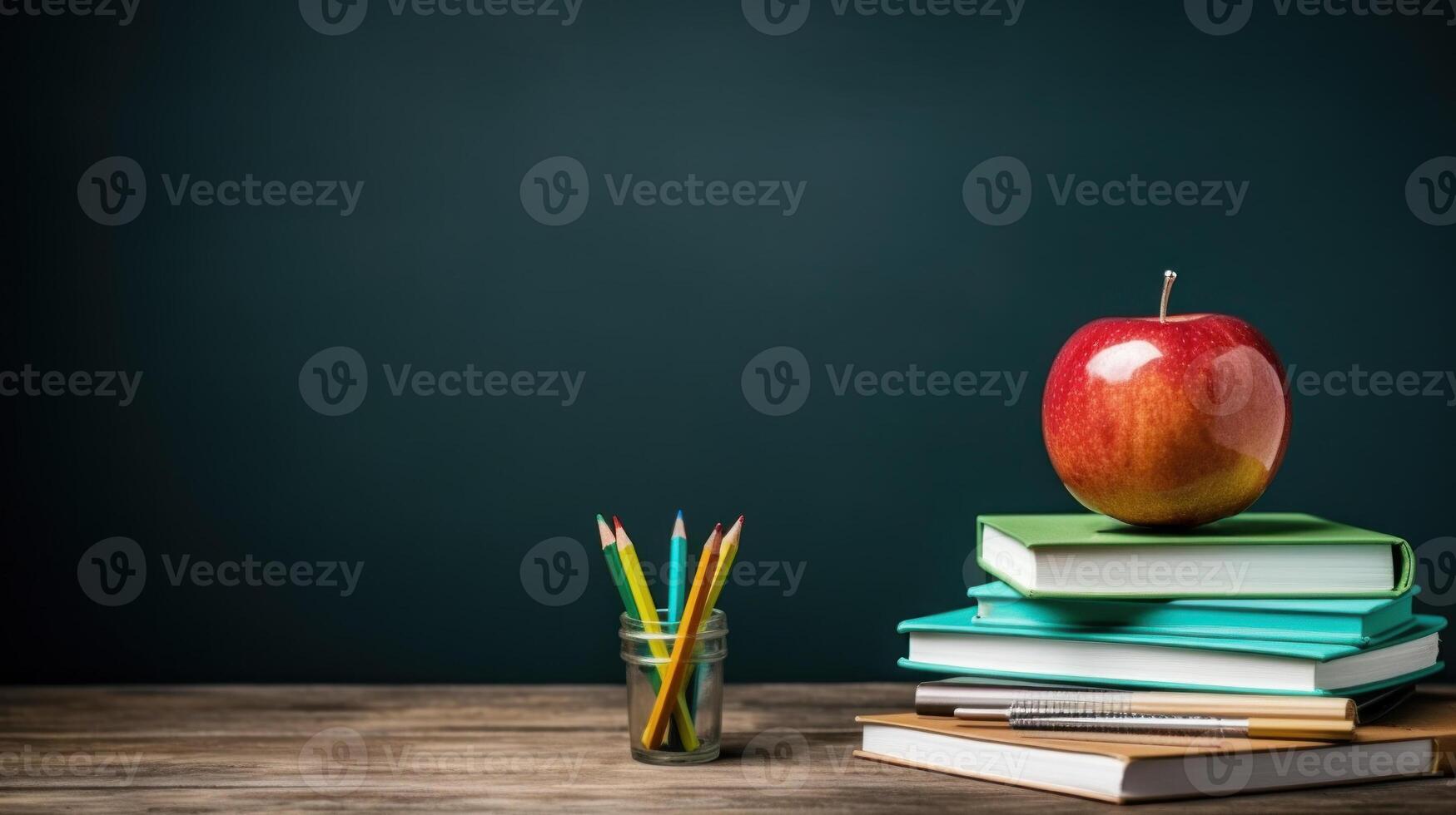 Back to school creative banner. Books, alarm clock, apples with school supplies and educational elements. Concept design for social media or mobile website development. photo