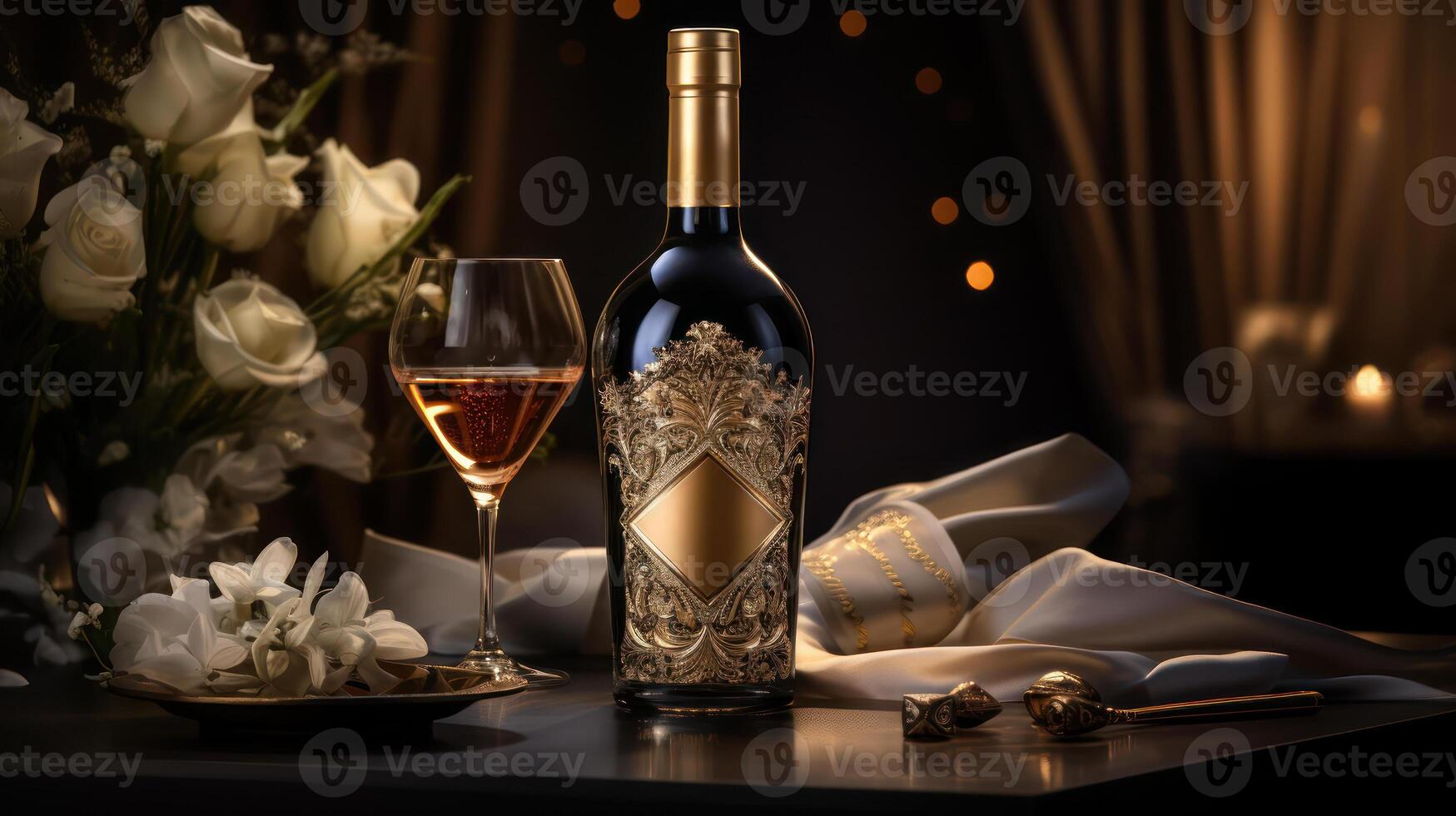 Premium wine bottle mockup. Alcohol wine drink stand on background with wine glass and decorative elements. Beverage product marketing advertisement poster, Ads promo, ad banner. photo