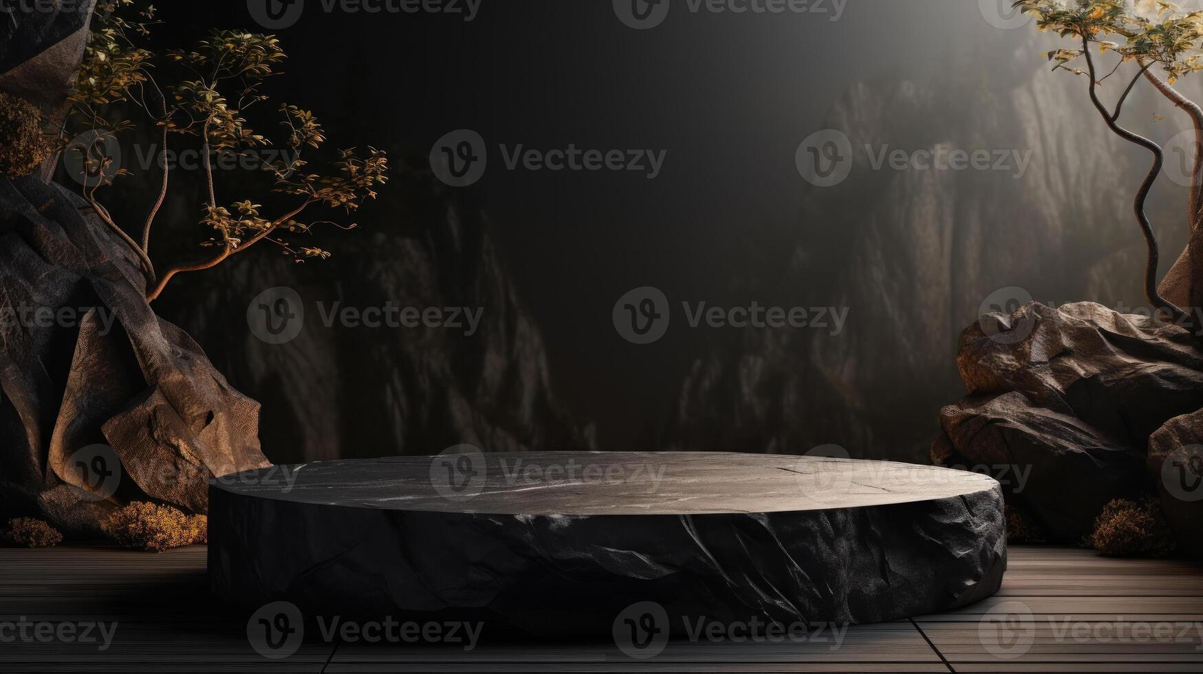 Podium showcase made of natural stone for advertising and product presentation organic cosmetic or food. Natural display product with Black rocks and mountains background. photo