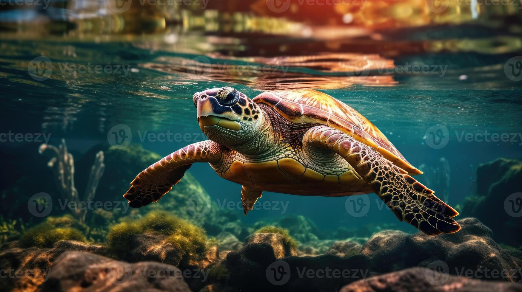 Turtle swimming under water photo
