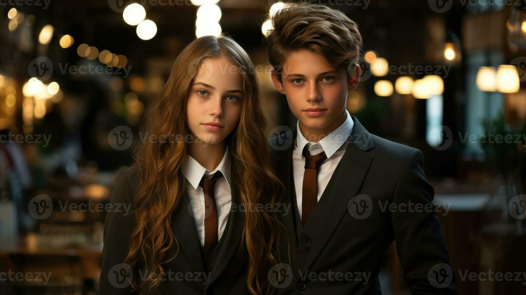 Handsome boy and cute girl in a suit AI Generated photo