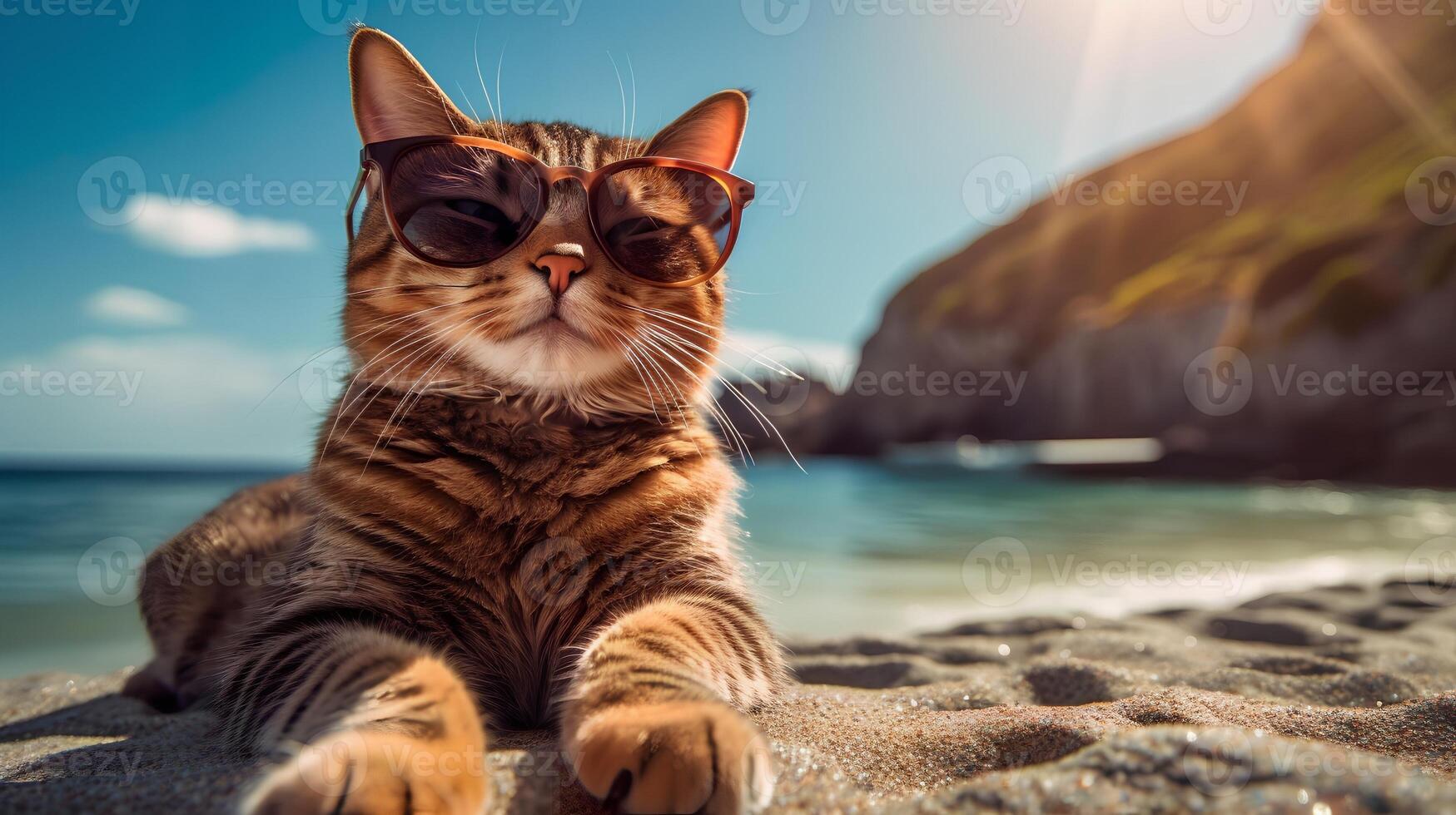 Cat wearing Sunglasses sitting on the Beach photo