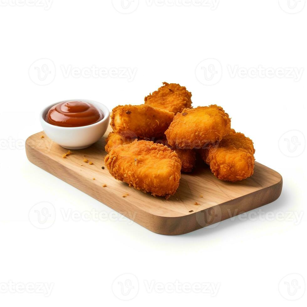Chicken Nuggets on Wooden Board on White Backgroud AI Generated photo