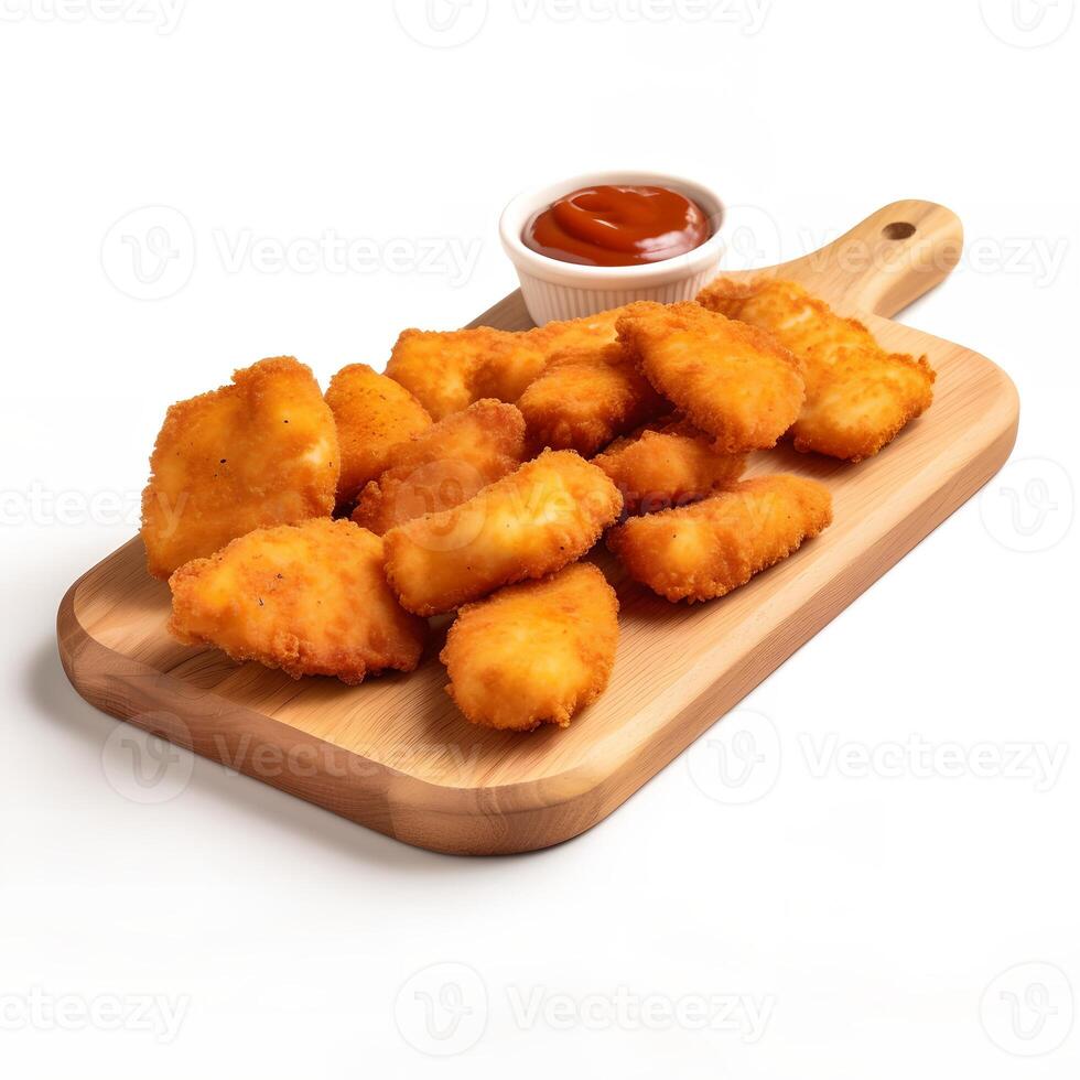 Chicken Nuggets on Wooden Board on White Backgroud AI Generated photo