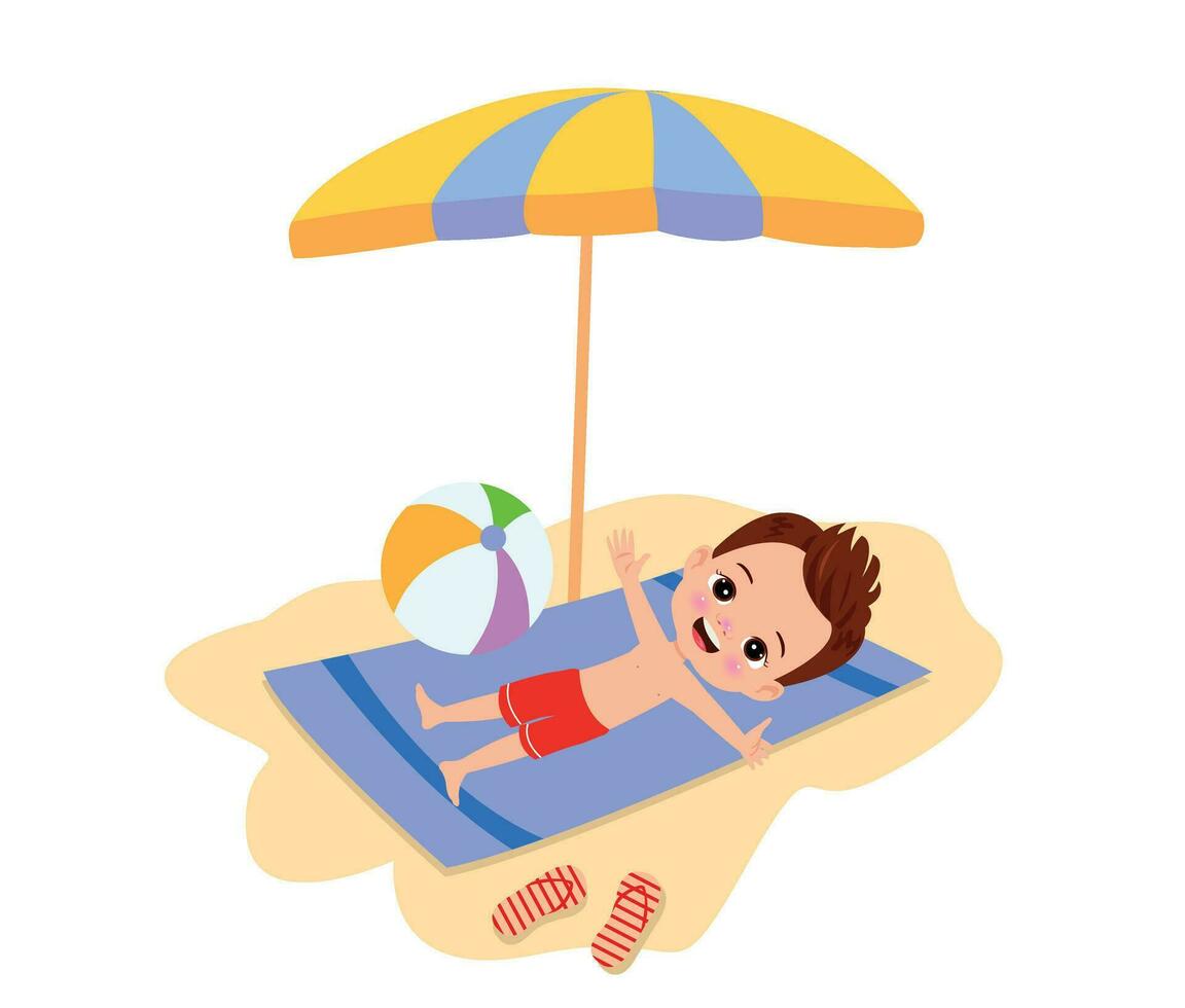 niño en playa toalla debajo paraguas, plano dibujos animados vector ilustración aislado