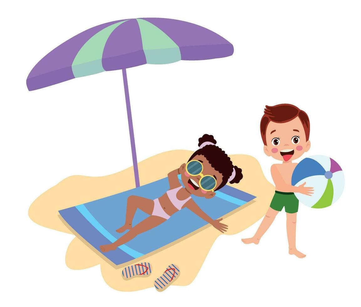 niño en playa toalla debajo paraguas, plano dibujos animados vector ilustración aislado
