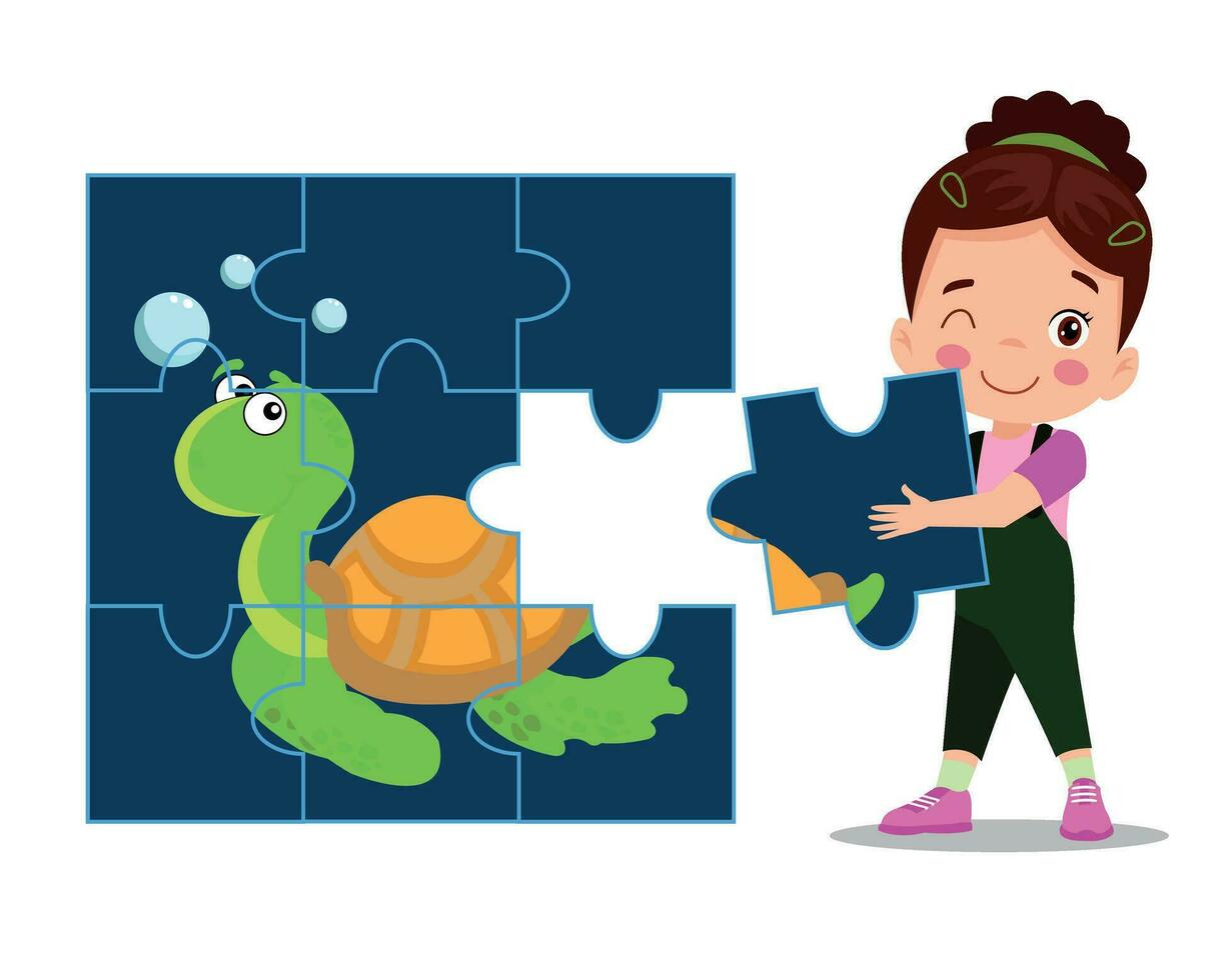 happy cute little kid play jigsaw puzzle vector