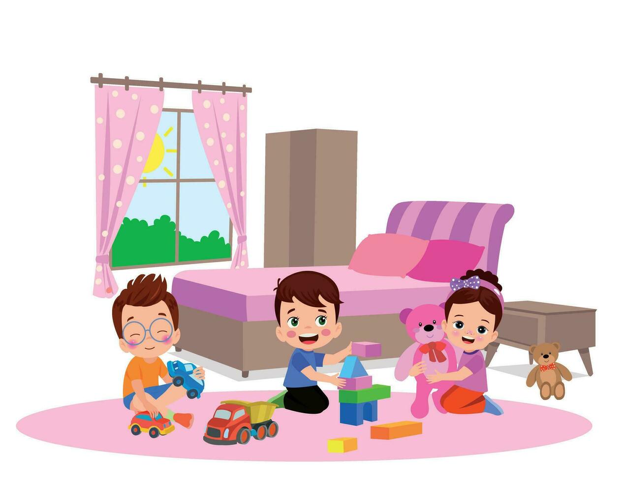 cute kids playing in the bedroom vector