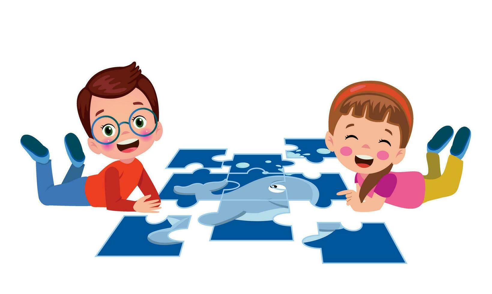 happy cute little kid play jigsaw puzzle vector
