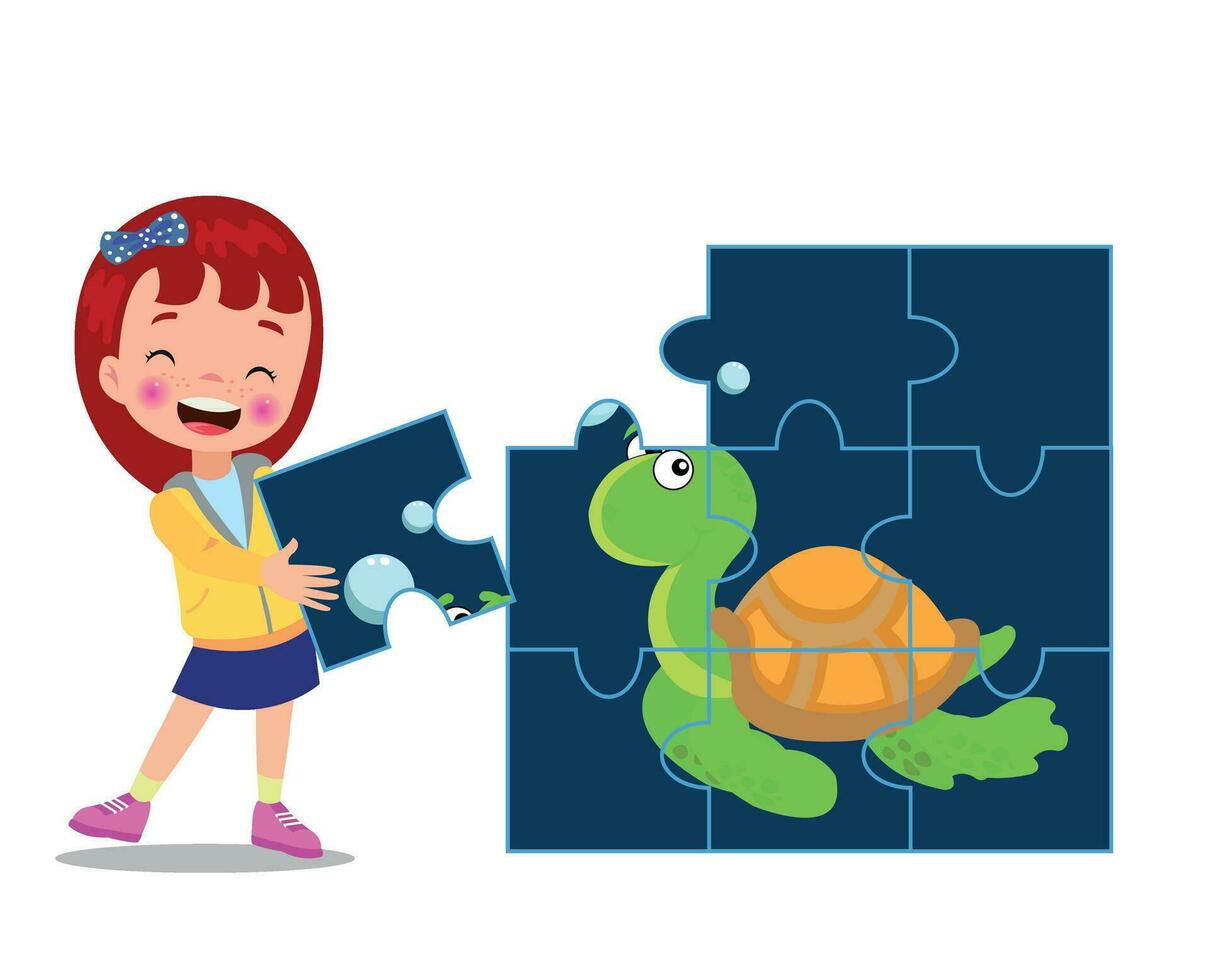 happy cute little kid play jigsaw puzzle vector