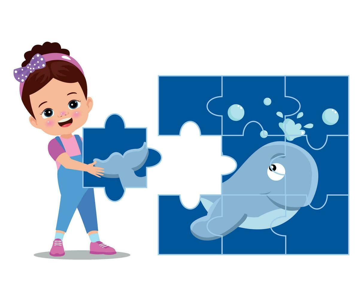 happy cute little kid play jigsaw puzzle vector