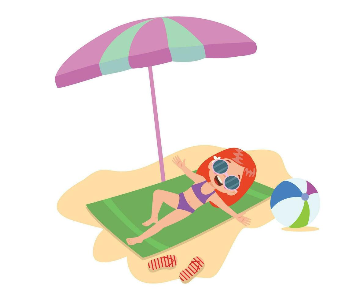 niño en playa toalla debajo paraguas, plano dibujos animados vector ilustración aislado