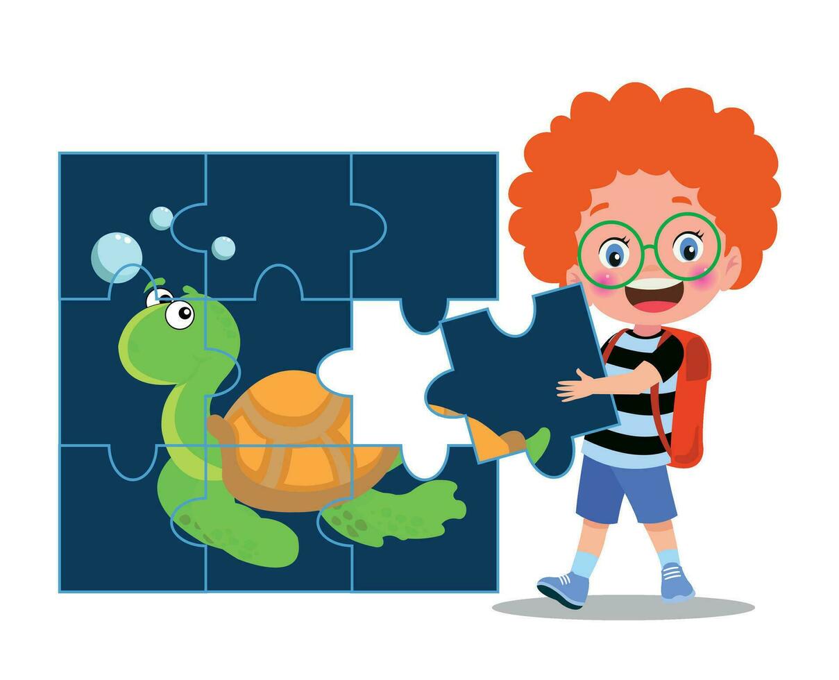 happy cute little kid play jigsaw puzzle vector