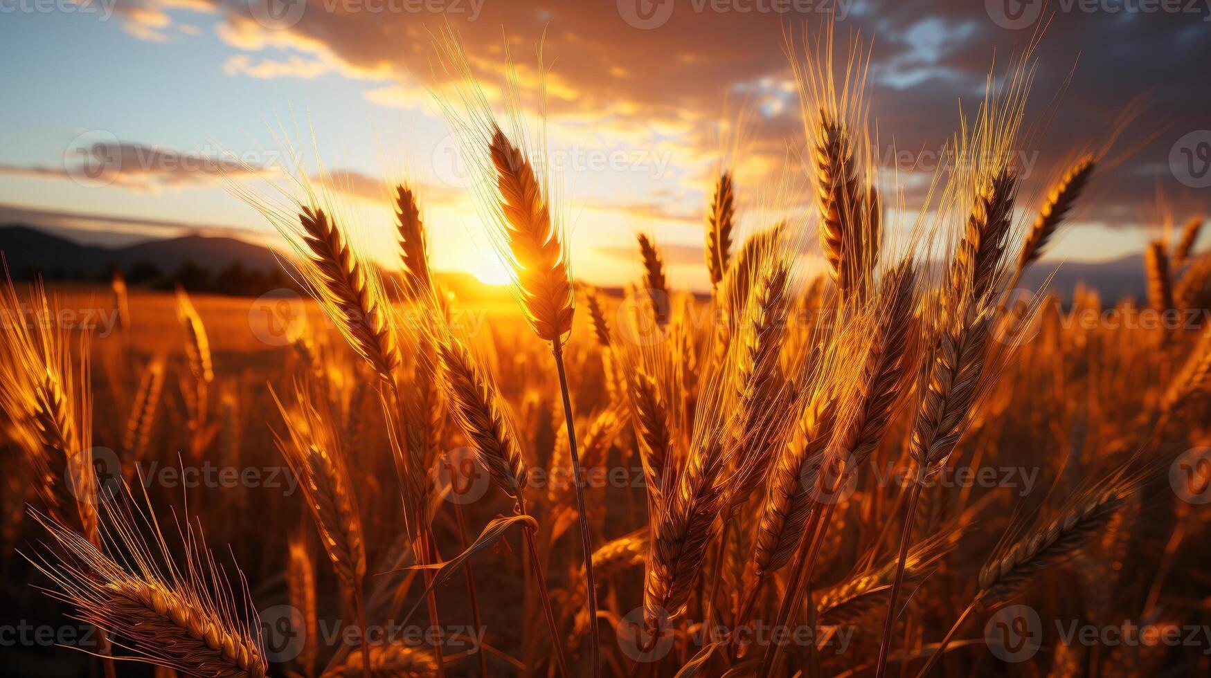 Field of wheat with the sun setting photo