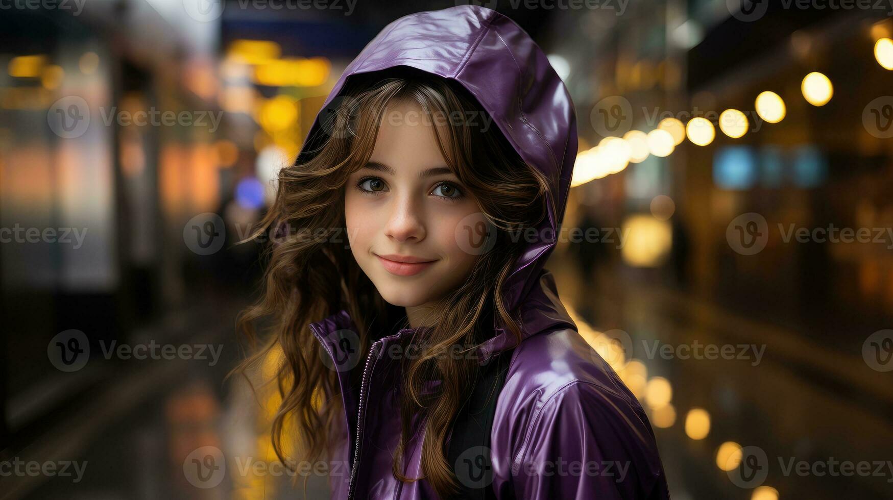 un linda niña en un púrpura lluvia Saco ai generado foto