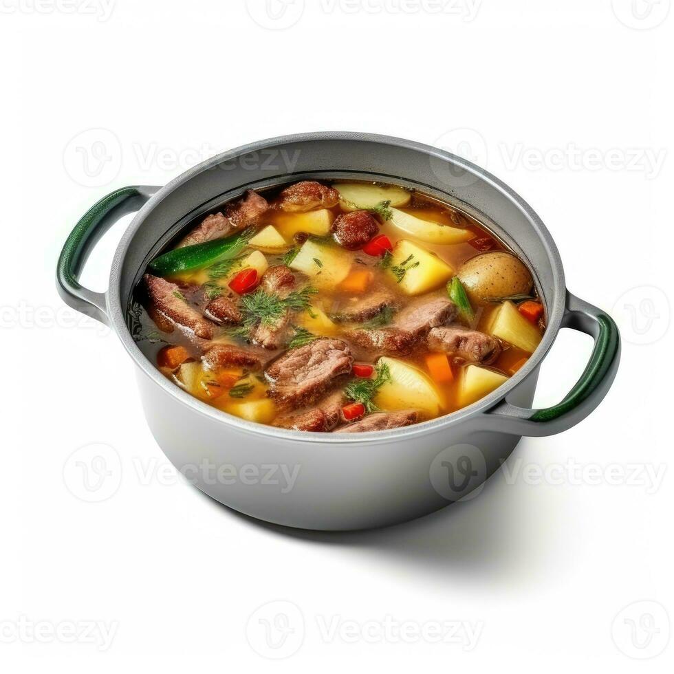 maceta de sopa con carne y vegetales aislado en blanco antecedentes ai generado foto