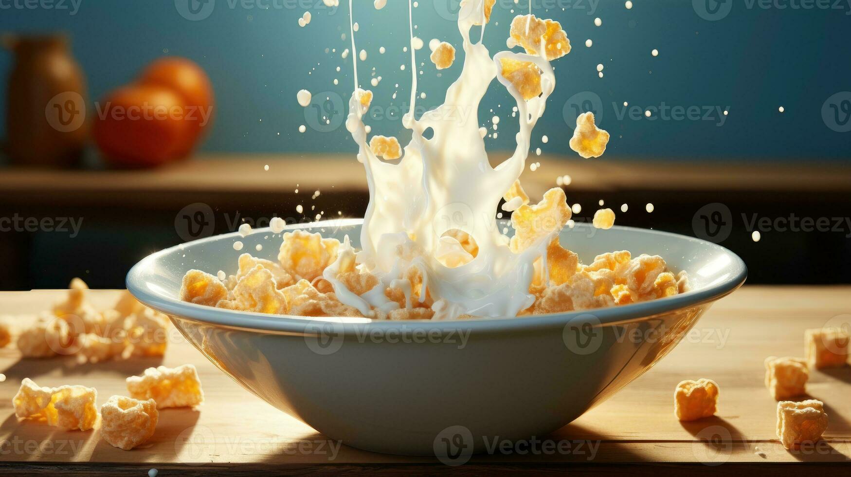 A bowl of milk with cereal falling into it AI Generated photo