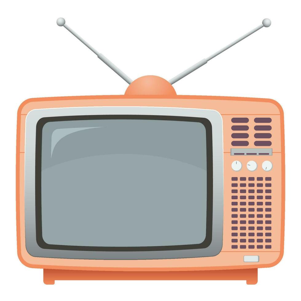 Retro TV orange color front view with blank space at screen. Vintage television isolated flat design vector illustration.