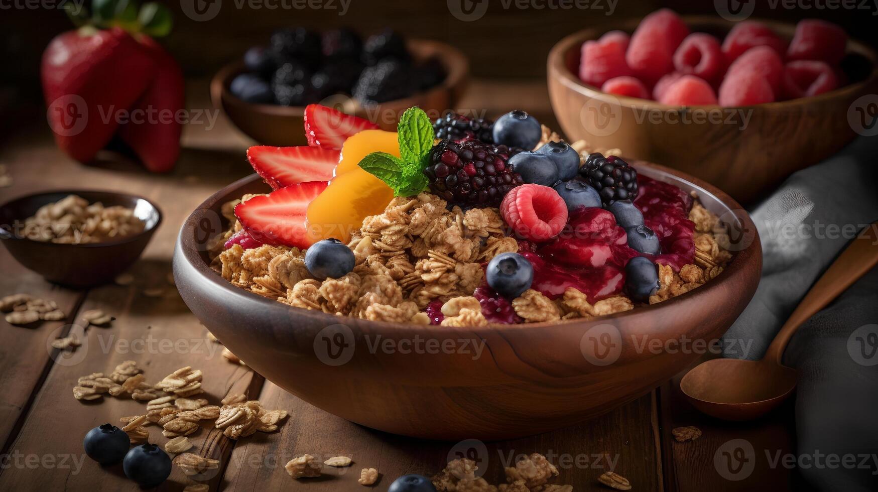 Granola y Fresco frutas ai generado foto