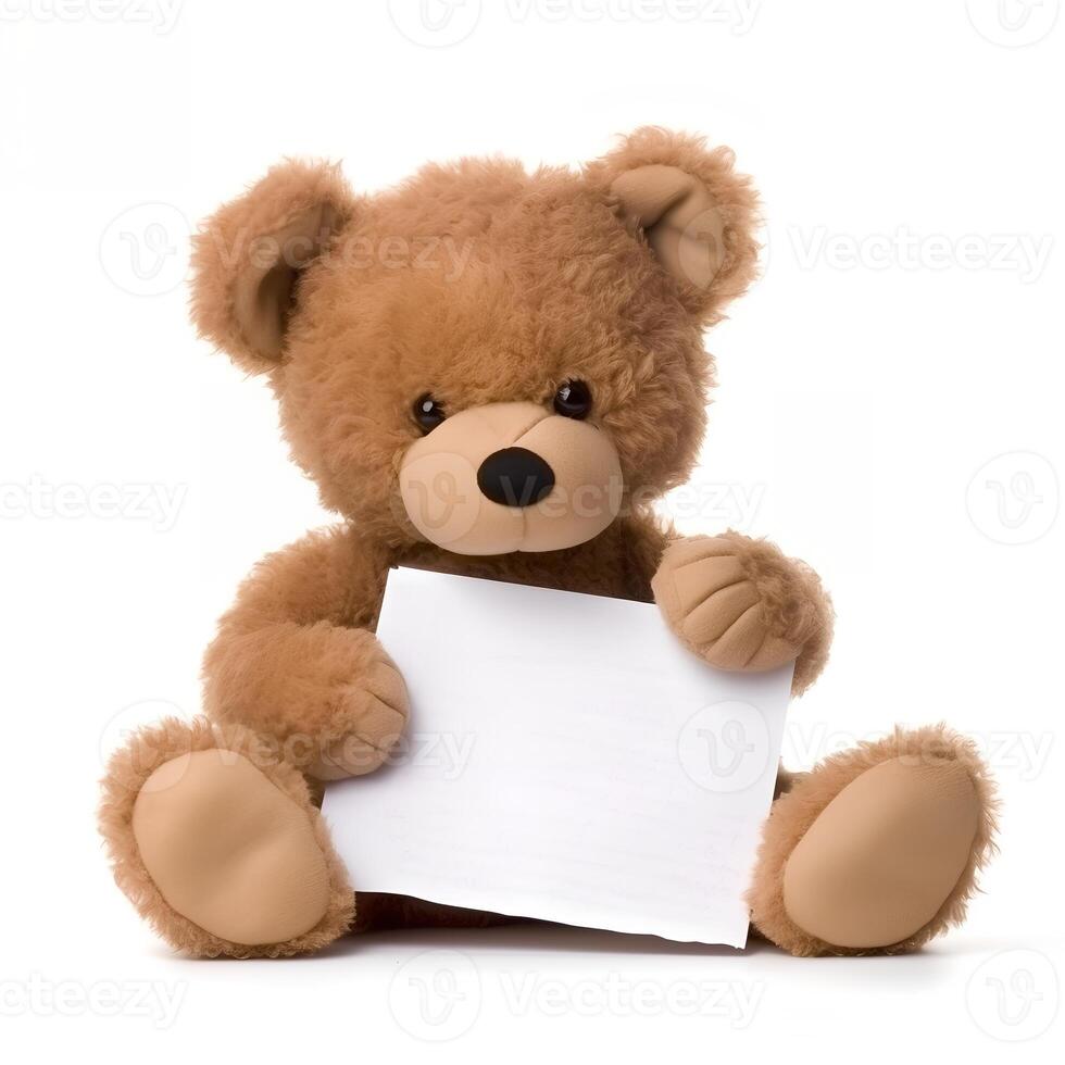 Brown Teddy Bear sitting on a White Background with a Blank Piece AI Generated photo