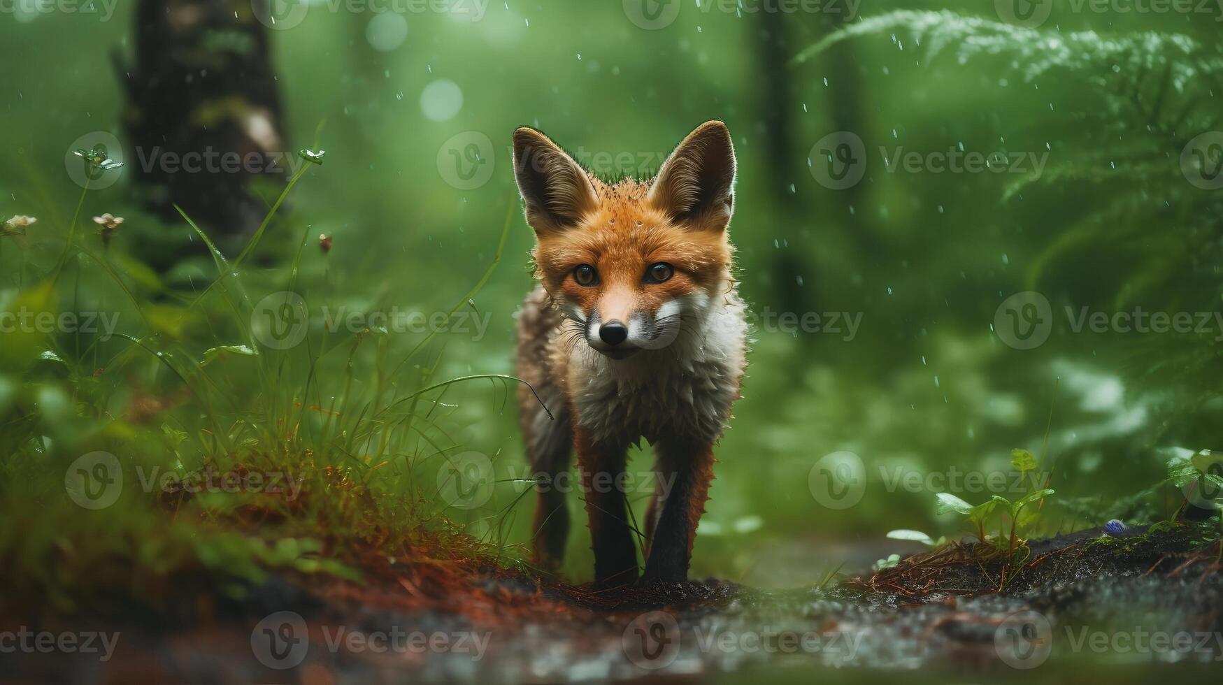 pequeño zorro en lluvia bosque ai generado foto