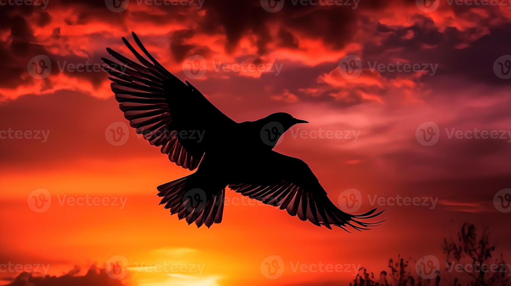 Bird Flying on Sunset Sky AI Generated photo