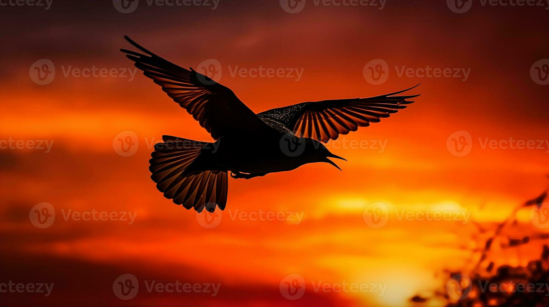 Bird Flying on Sunset Sky AI Generated photo